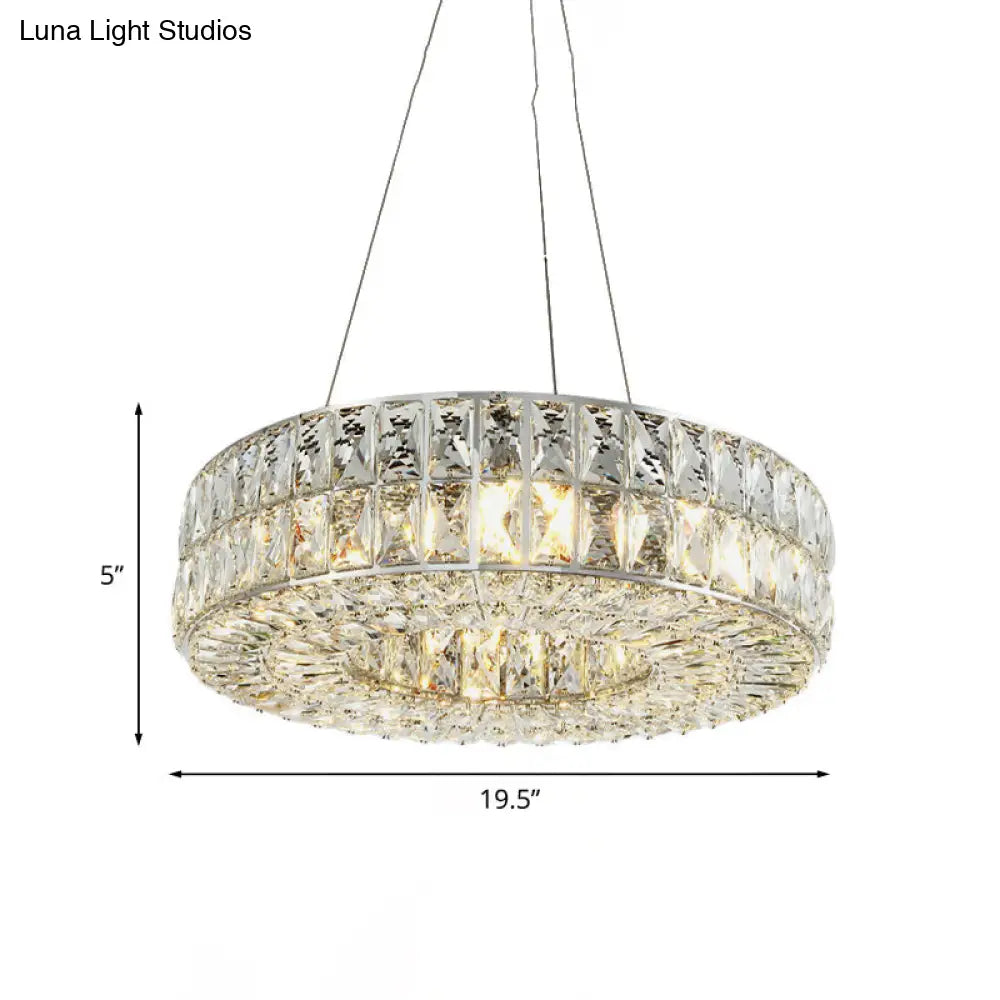 Minimalist Chrome Chandelier with Beveled Crystal Prisms - Circle Design, 8-Bulb Pendant Light for Dining Room