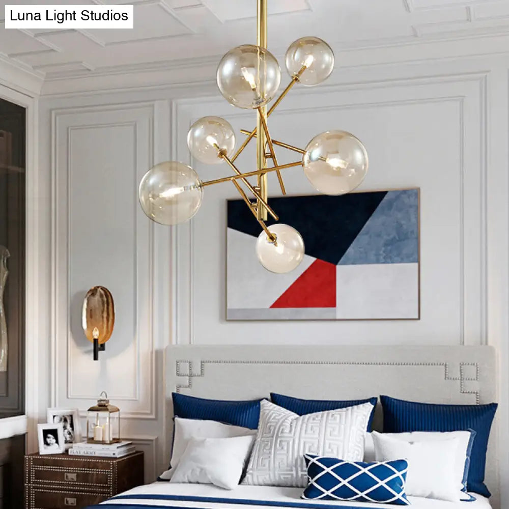 DecorBites™ DecorBites™ Minimalist Globe Semi Flush Light with Cognac Glass and 6 Lights - Brass Semi Flush Mount for Bedroom