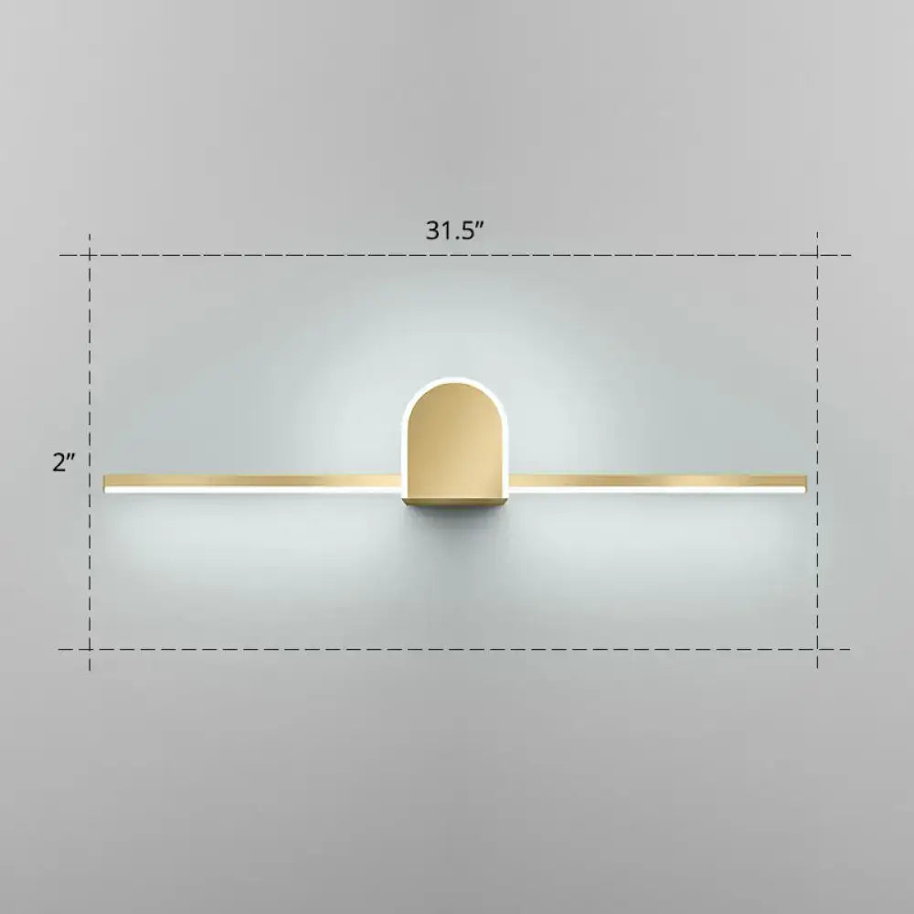 Minimalist gold finish led vanity light with acrylic linear led strips and arched central fixture for bathroom walls