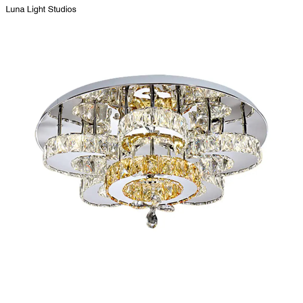 DecorBites™ DecorBites™ Minimalist LED Bedroom Semi Mount Ceiling Fixture with Floral Crystal Block Shade - Chrome Finish