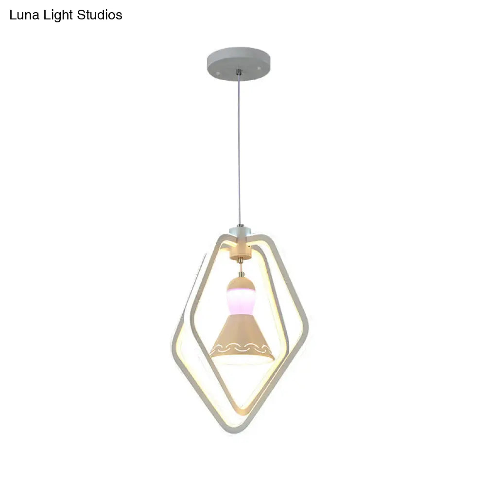 Minimalist LED White Pendant Lamp with Acrylic Dual Pentagon Frame and Bell Inside