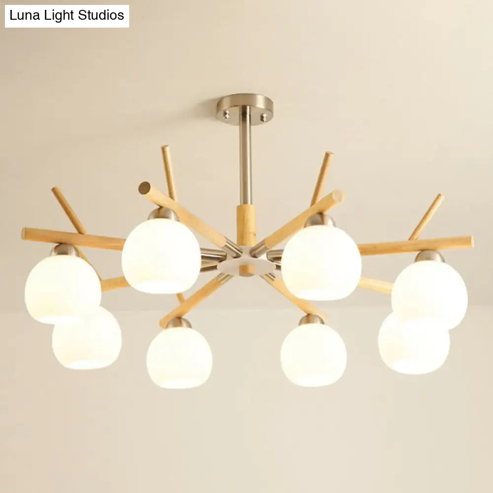 Lámpara de techo minimalista con cúpula de cristal blanco y decoración de ramas de madera - Lámpara colgante para salón