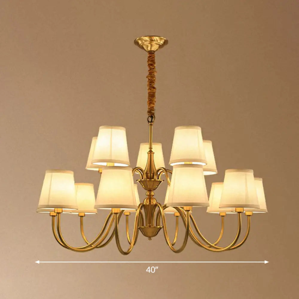 Minimalistic Brass Chandelier with Curvy Arm and Cone Fabric Shade for Living Room Pendant Lighting