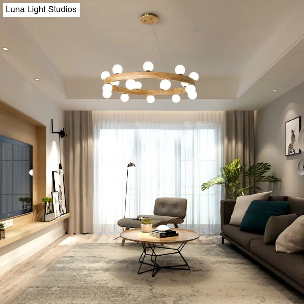 Lámpara de araña minimalista de madera con luz LED y pantalla de cristal opalino