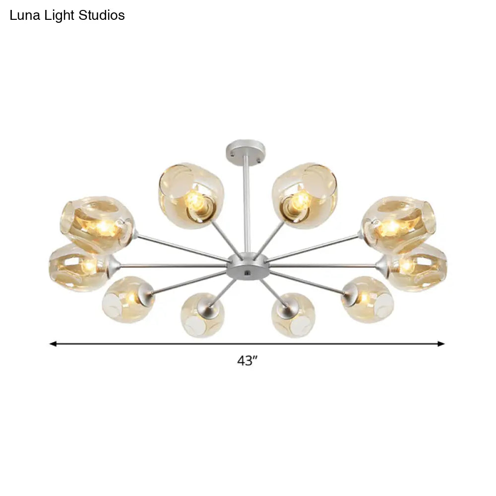 Lámpara colgante moderna de araña con 10 bombillas y pantalla de cristal ámbar - Diseño de copa plateada