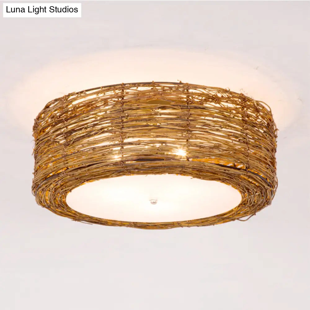 DecorBites™ DecorBites™ Modern 3-Light Rattan Flush Mount Ceiling Lamp - Hand-Woven Round Shade in Brown, 16"/19.5" Width
