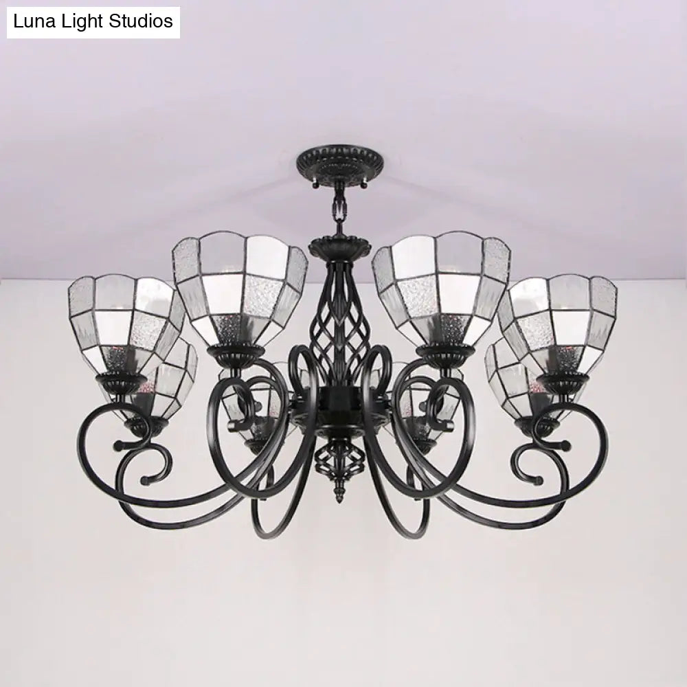 Modern 8-Light Bowl Chandelier with Black Tiffany Curved Arm - White Pendant Light for Hall