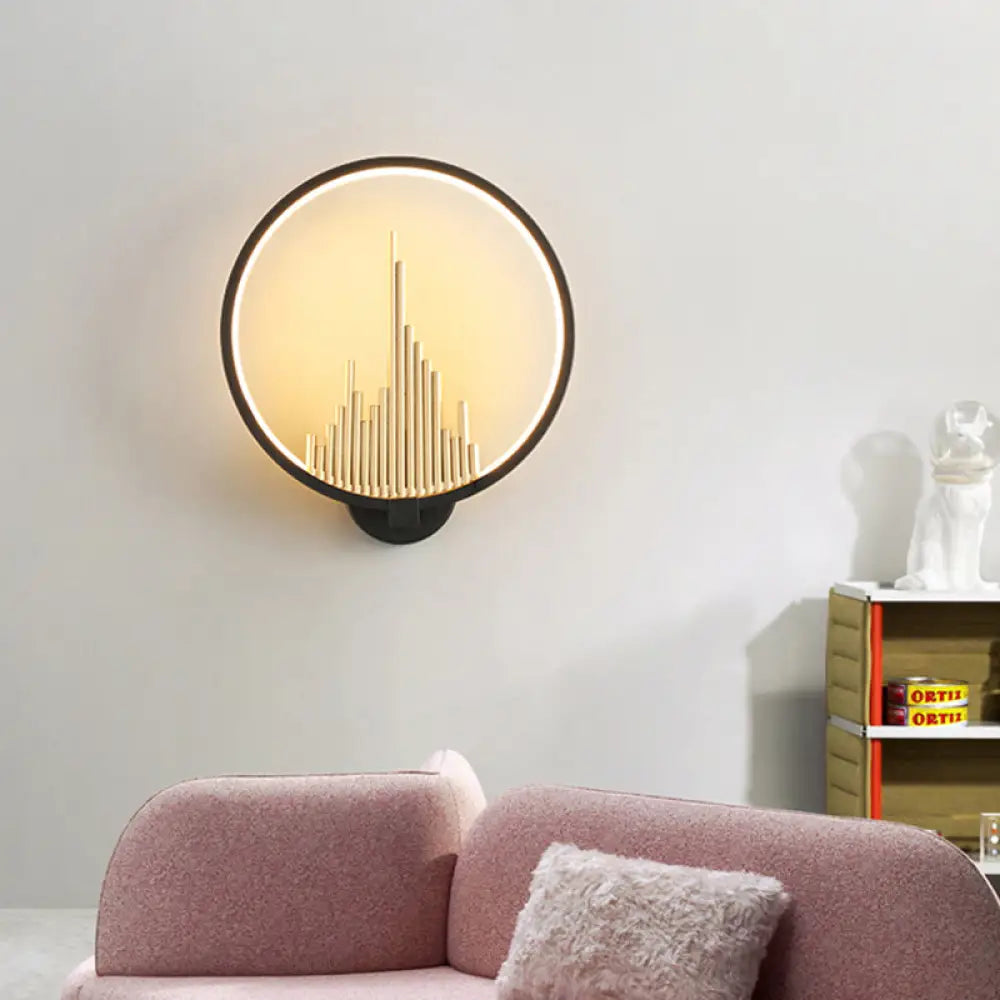 DecorBites™ DecorBites™ Modern Acrylic Halo-Ring LED Sconce Light in Black/White with Mountain Pattern - Warm Lighting