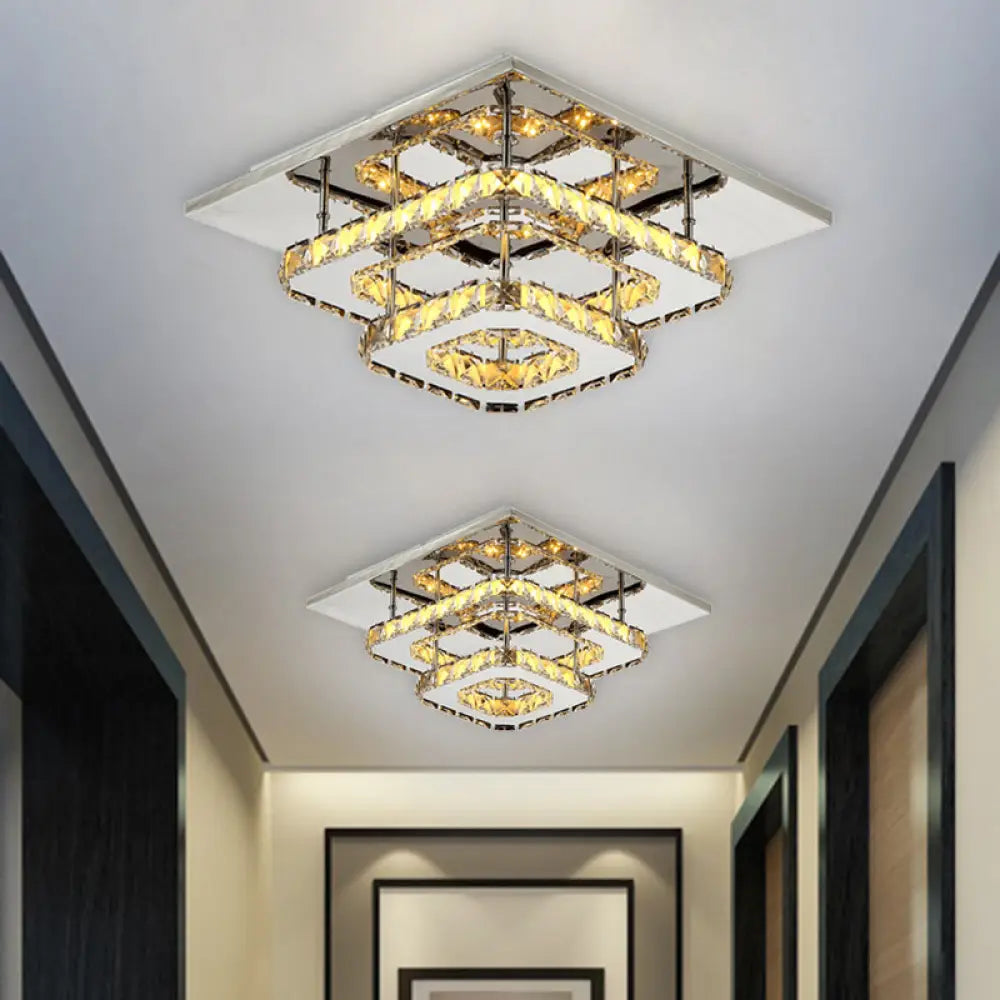 DecorBites™ DecorBites™ Modern Amber Crystal Block Ceiling Light - Square Layered Flush Mount in Chrome