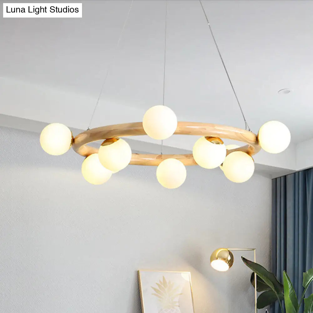 Modern Beige Ceiling Lamp with Frosted Glass Chandelier and Wood Circular Design – 8/10 Bulbs