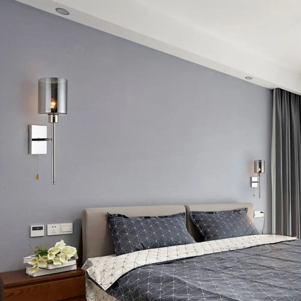 Aplique cilíndrico moderno DecorBites™ color beige/cromo con 1 luz, cristal ahumado/transparente, montaje en pared - Opciones de interruptor disponibles