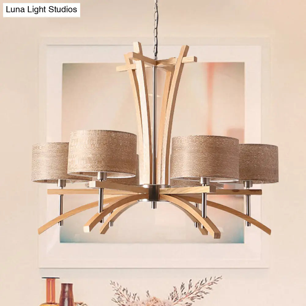 Lámpara de araña radial moderna color beige con pantallas suspendidas de madera - Lámpara colgante de 3/6 luces