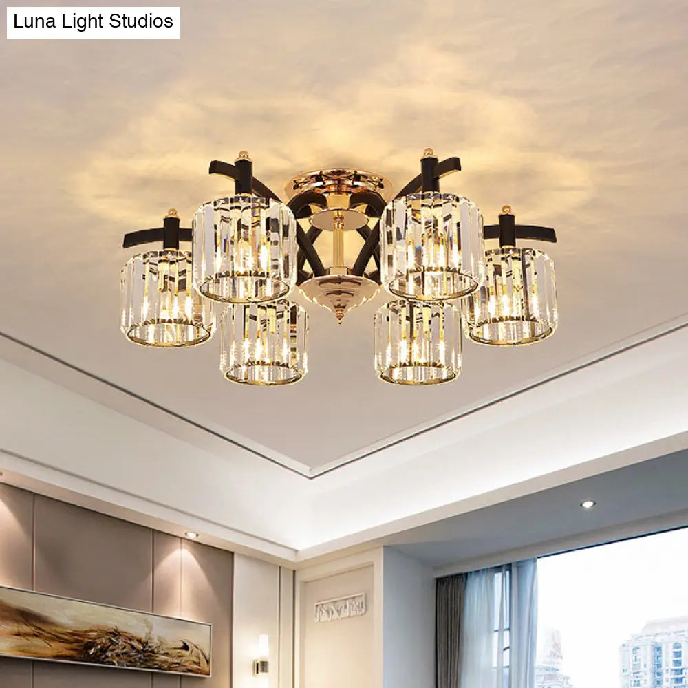 DecorBites™ DecorBites™ Lámpara de techo semiempotrada cilíndrica moderna negra y dorada con bloque de cristal - Lámpara de techo para dormitorio (3/6 cabezales)