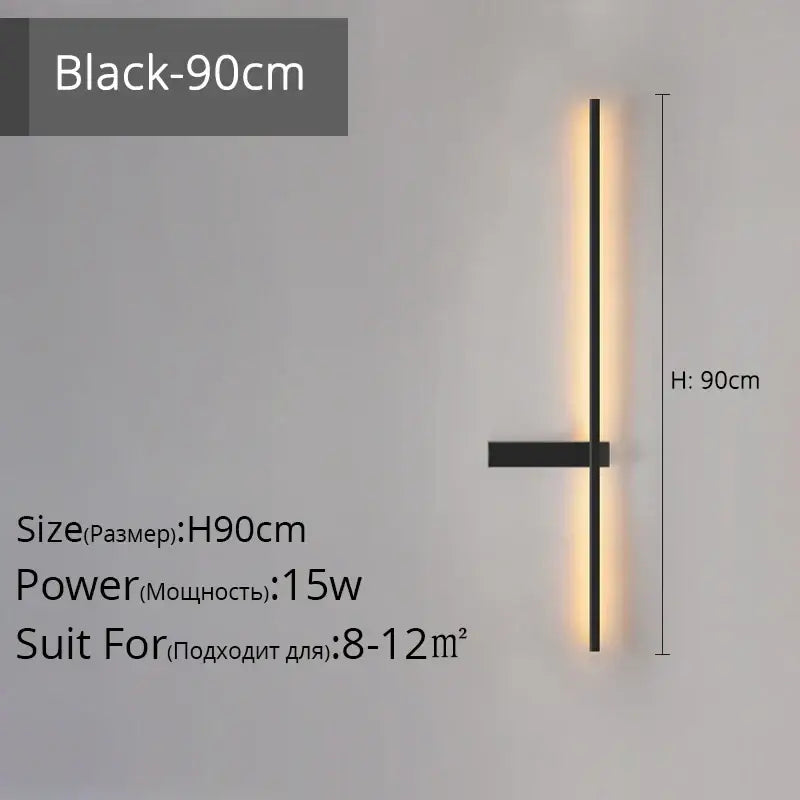 Modern black and gold led wall lamp minimalist sconce with sleek vertical bar emitting warm ambient light for living room