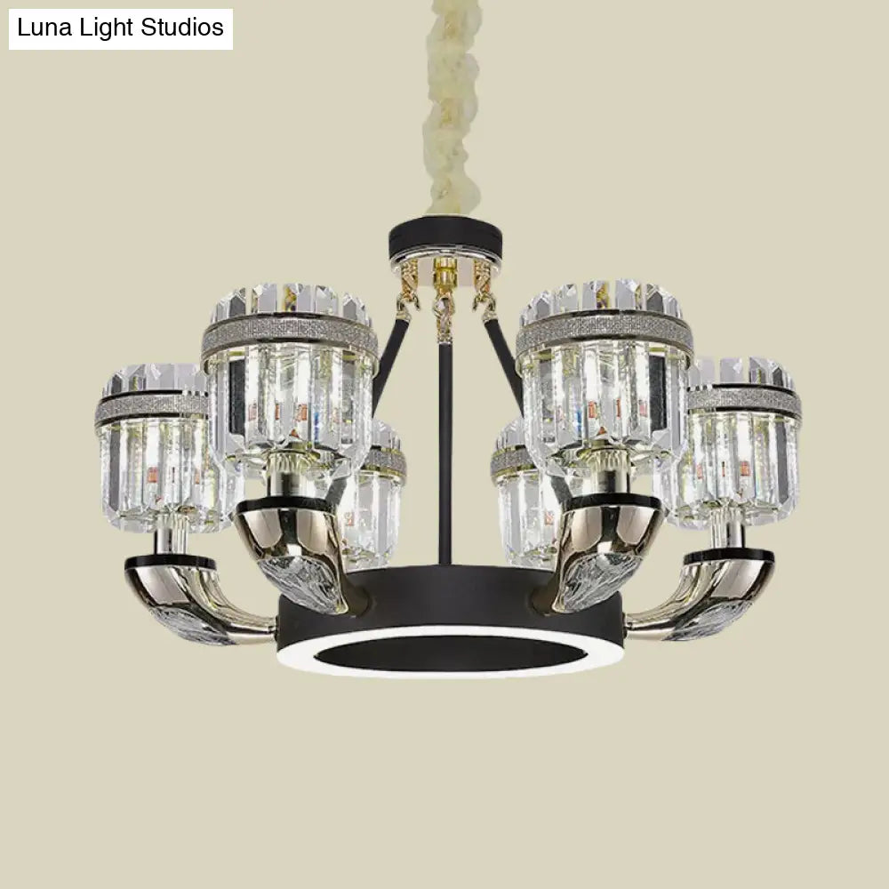 Modern Black Hoop Chandelier with Drum Crystal Prisms - 6 Bulbs, Living Room Pendant Lighting