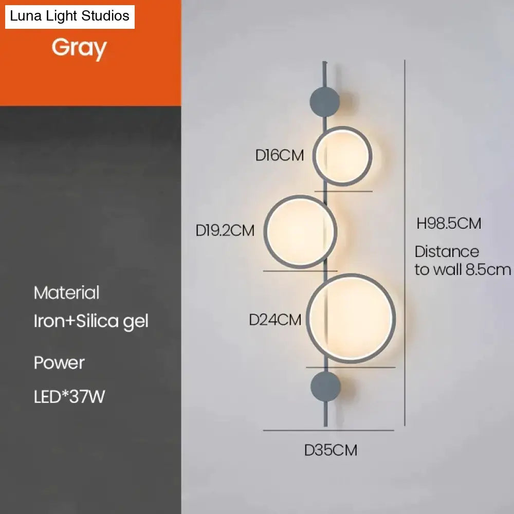 Gray modern black linear long led wall light with three circular leds and minimalist iron frame for living room sconce