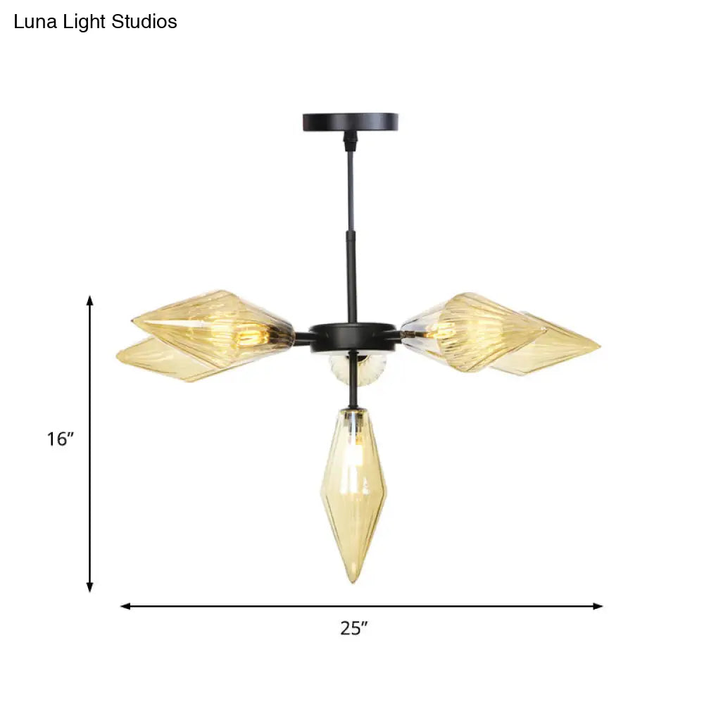 Lámpara de araña cónica negra moderna con 6 cabezales de cristal ámbar - Elegante lámpara colgante de techo