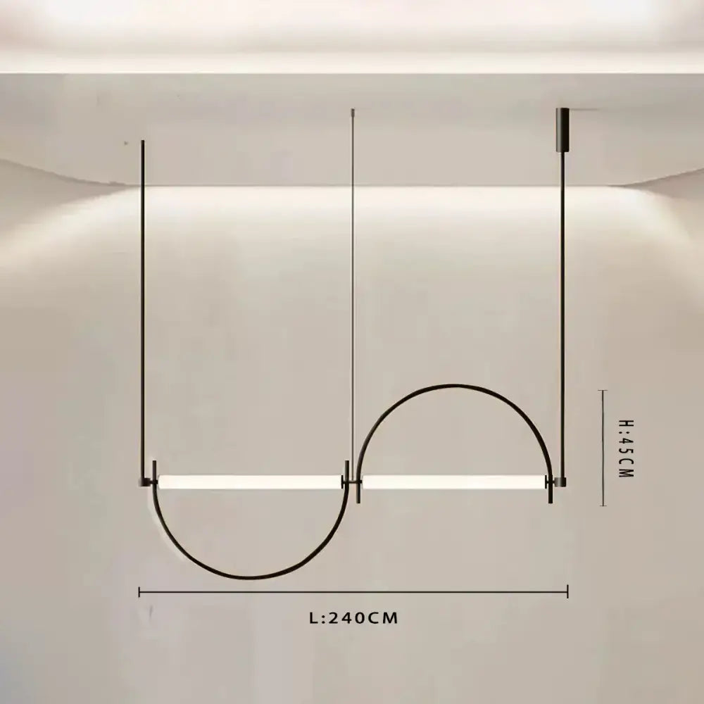 Modern black metal pendant light with two horizontal led bars and polished chrome finish, measuring 240cm in length