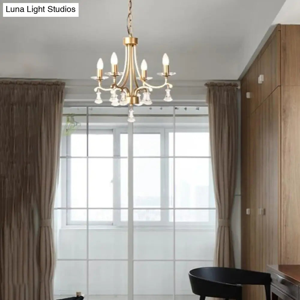 Lámpara de araña moderna de latón con forma de estrella - Lámpara colgante de metal con 4 bombillas y gota de cristal