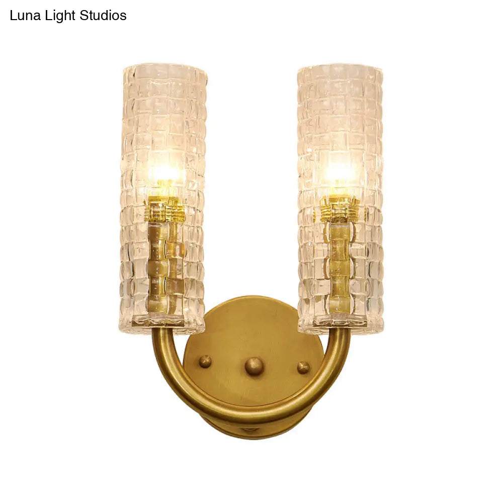 DecorBites™ DecorBites™ Modern Brass Tubular Flush Mount Wall Sconce with Crystal Accents: 2-Light Fixture & Curved Arm