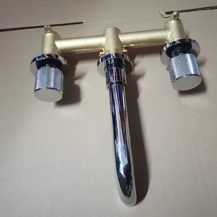 Modern brushed gold basin faucet with chrome spout and textured silver knobs decorbites brushed gold wall mount tap