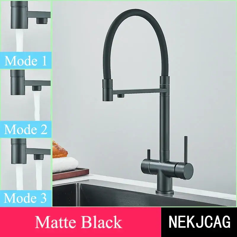 Matte black kitchen faucet with flexible gooseneck spout and dual handle controls in decorbites brushed gold style