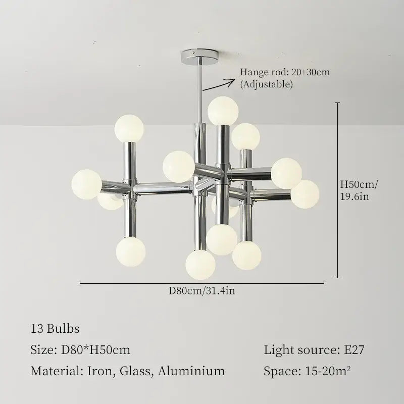 Modern chrome bauhaus glass hanging ceiling lamps with 13 frosted globe bulbs in a geometric design for living room
