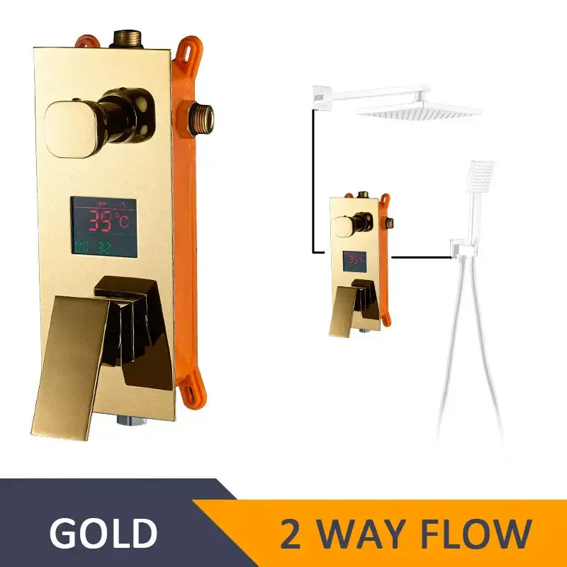 Gold-finished modern chrome digital shower mixer with temperature control panel and orange accent trim for bathroom use