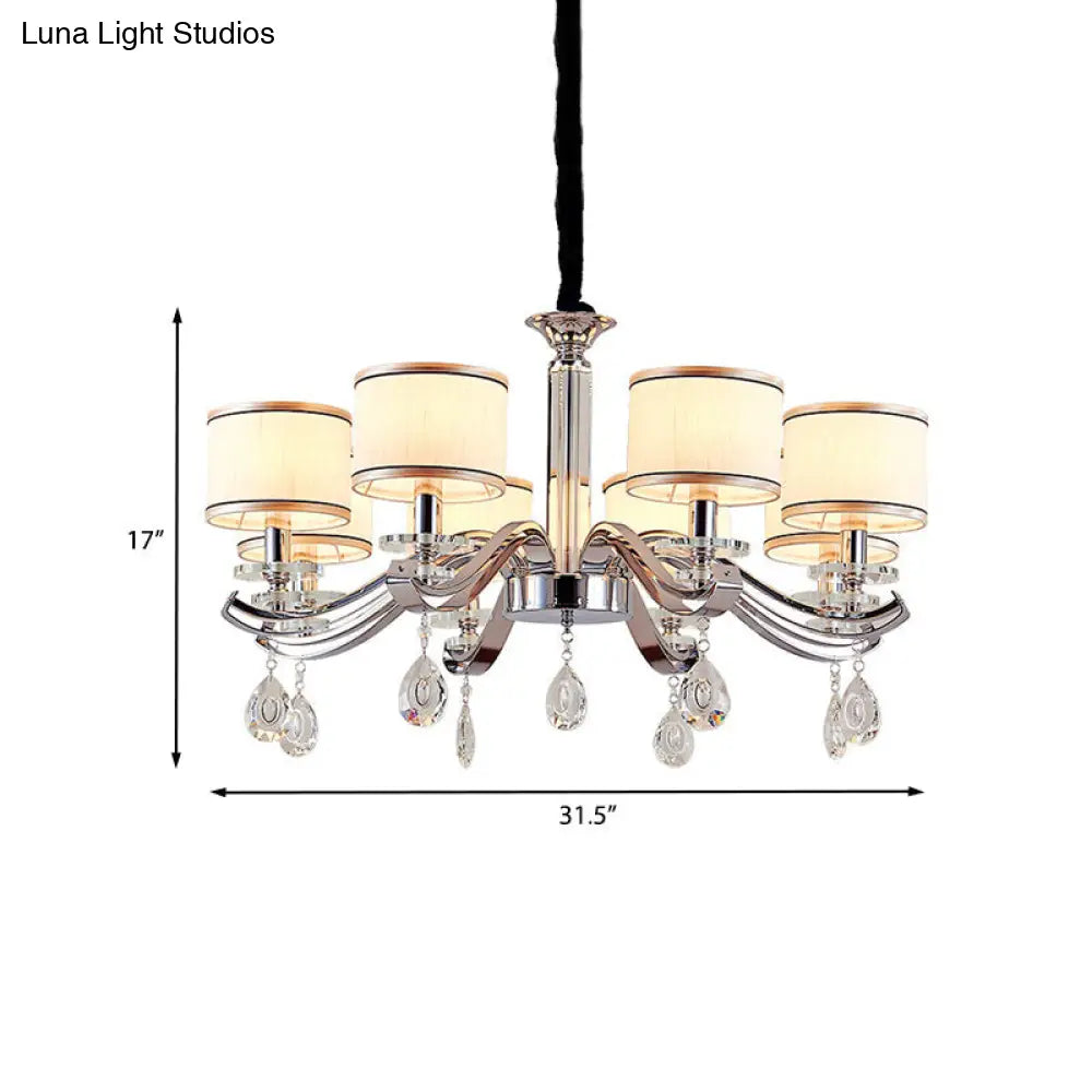 Modern Chrome Finish Chandelier with 8 Bulbs and Metallic Curved Arms - Small Drum Fabric Shade Pendant Lighting