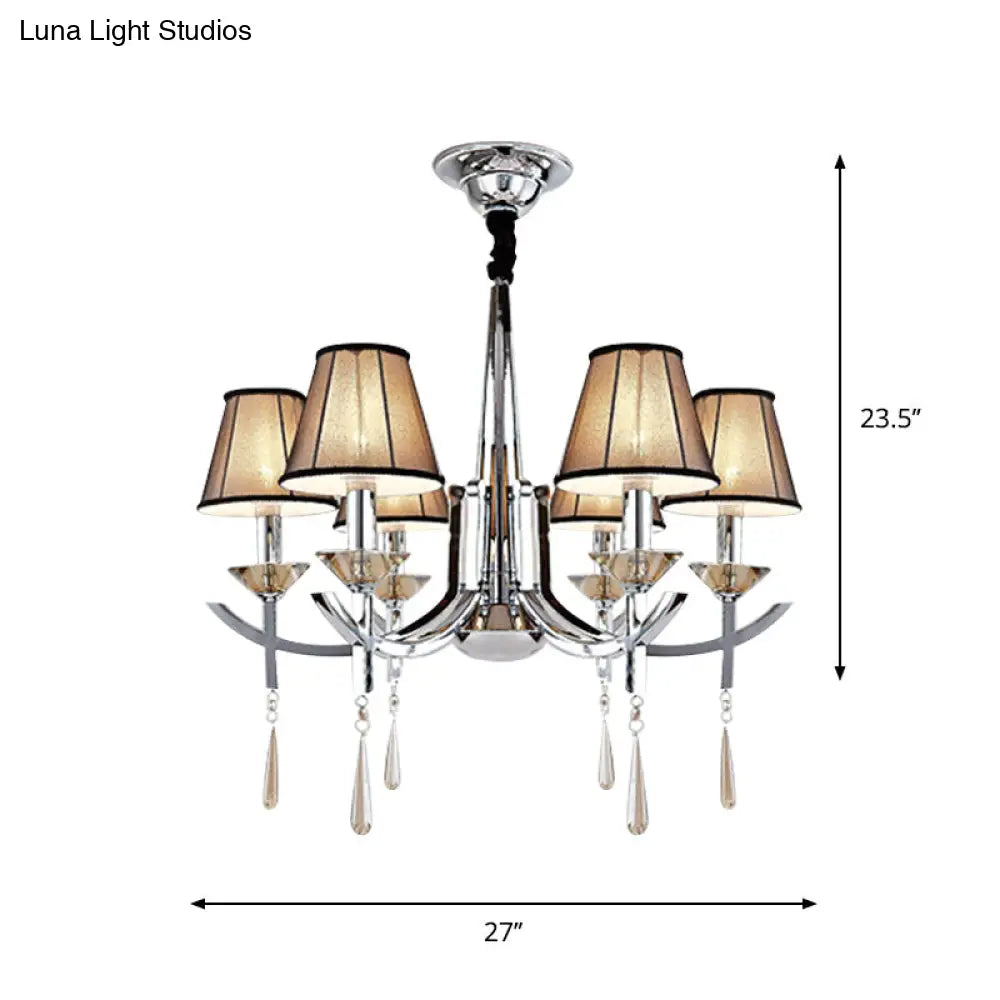 Modern Chrome Tapered Pendant Chandelier with 6 Lights, Fabric Shade, Crystal Drops - Bedroom Ceiling Lamp