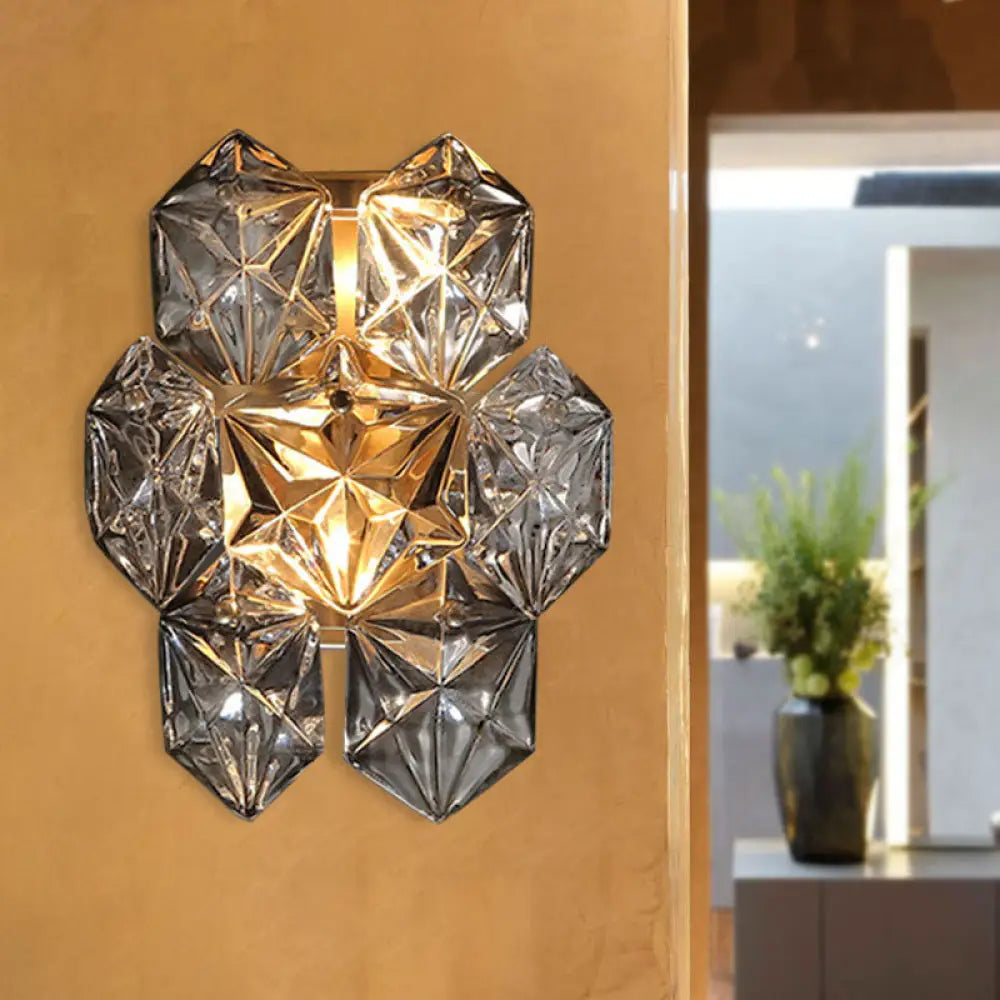 DecorBites™ DecorBites™ Modern Clear Crystal Hexagon Wall Light with Brass Finish - 2 Lights, 8.5"/12.5" Width - Perfect for Living Room