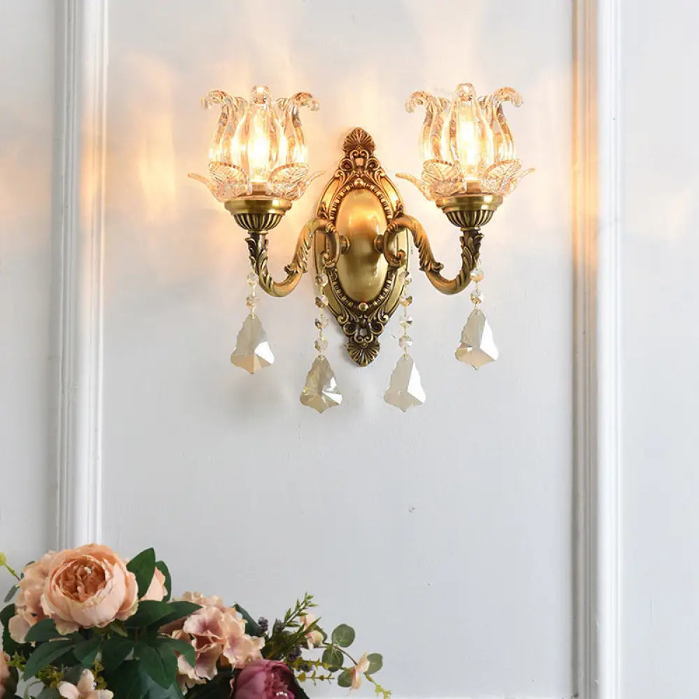 DecorBites™ DecorBites™ Modern Clear Glass Flower Wall Sconce Light with Crystal Drop - 1/2 Heads Brass Mounted Light