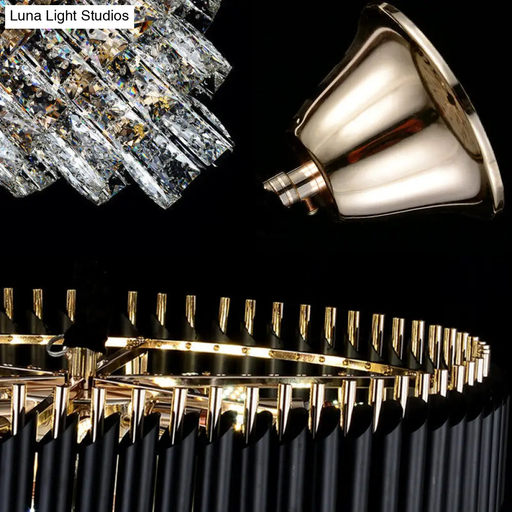 ثريا كريستالية حديثة مع مصابيح متعددة وغطاء أسود - طقم إضاءة دائرية معلقة