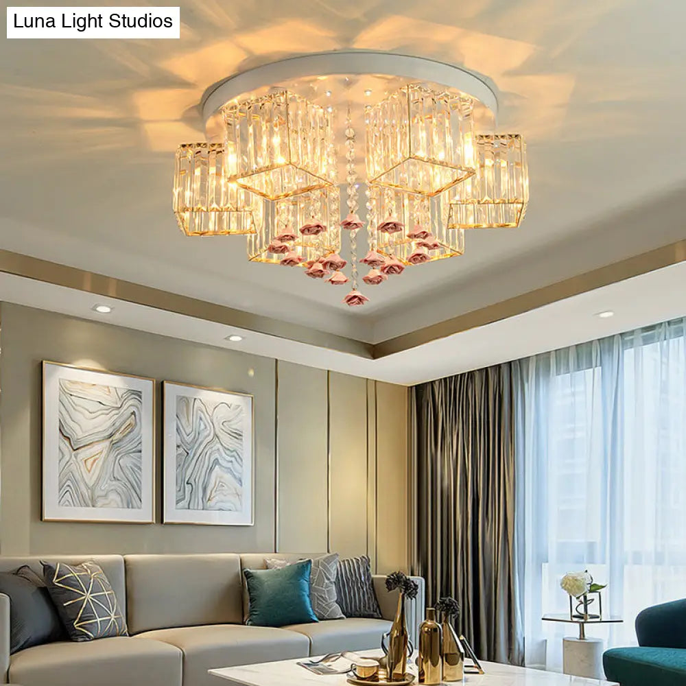 DecorBites™ DecorBites™ Modern Cubic Flush Mount Crystal Ceiling Light with Pink Rose Draping - 19.5"/23.5" Dia - 5/6 Heads - Living Room