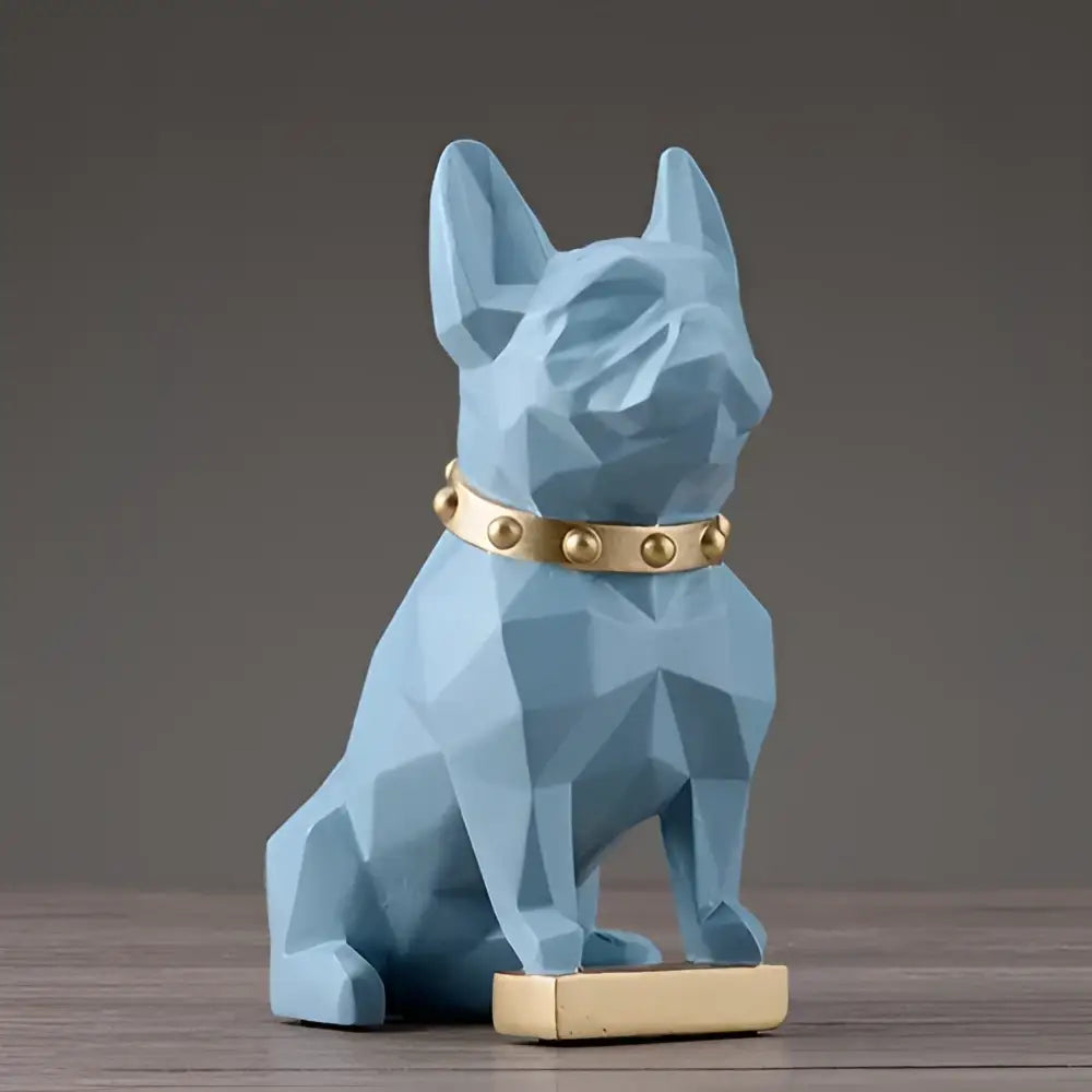 Light blue geometric decorbites dog statue with gold-toned collar and base for modern living room decor