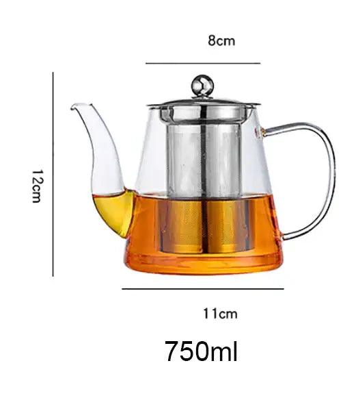 Modern glass tea infuser pot with stainless steel lid and built-in filter holding 750ml amber tea