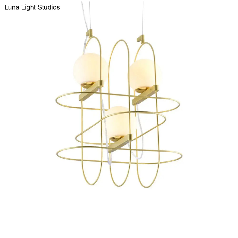 Modern Gold 3-Head Chandelier Light with Oval Metal Frame and Opal Glass Shade