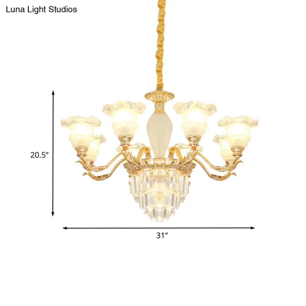 Modern Gold Crystal Chandelier with Frosted Glass - Blossom Pendant Lamp (8 Bulbs)