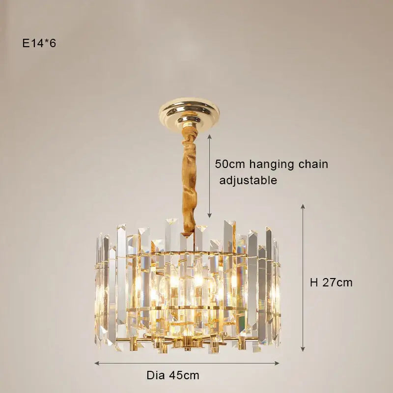Gold-toned decorbites crystal round chandelier with clear crystal prisms and twisted brass hanging chain for living room light