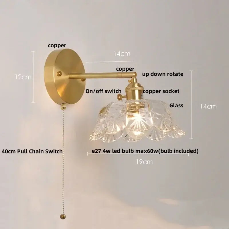 Modern gold wall lamp with brass finish clear faceted glass shade and included led bulb for bedroom wall light