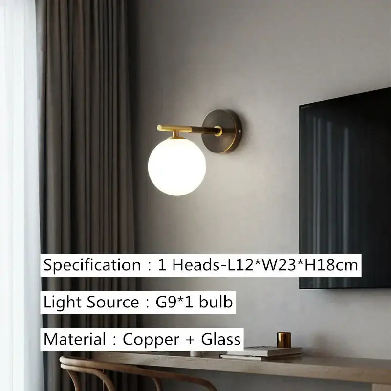 Modern wall-mounted sconce with copper-finished arm and round glass globe for decorbites glass ball led ceiling chandelier use