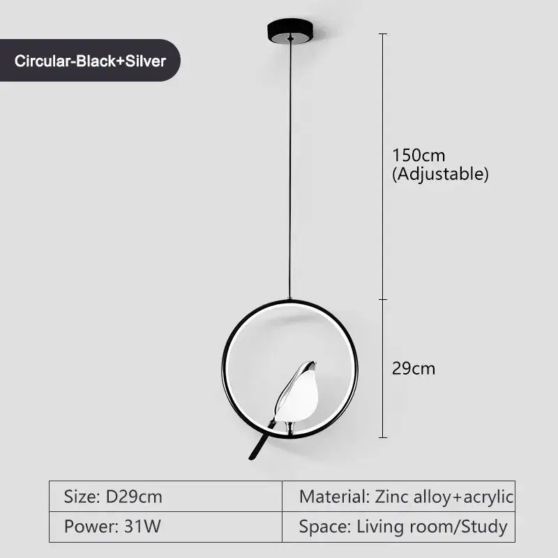Black and silver pendant light with bird-shaped acrylic shade and metallic finish for modern dining room lighting area