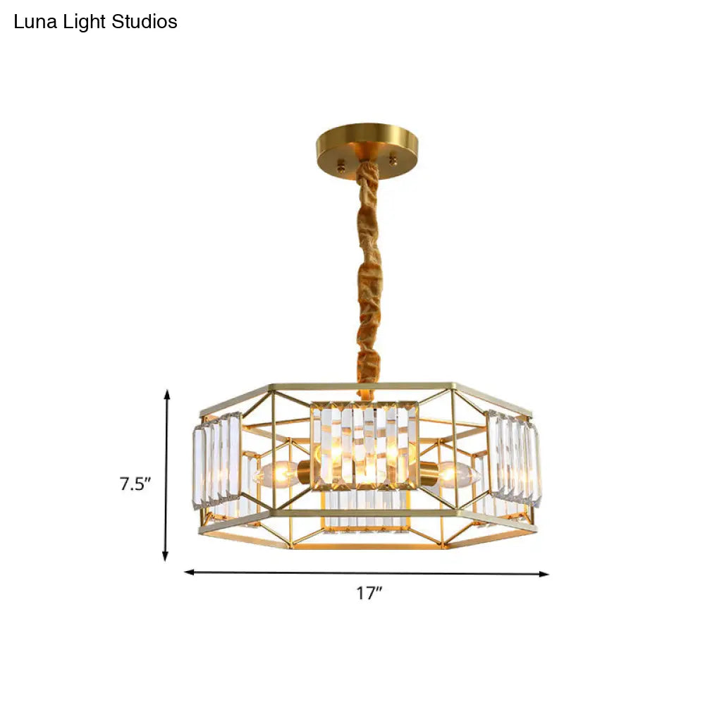 Modern Hexagon Metal Frame Hanging Light with Crystal Block - 3-Head Gold Ceiling Fixture