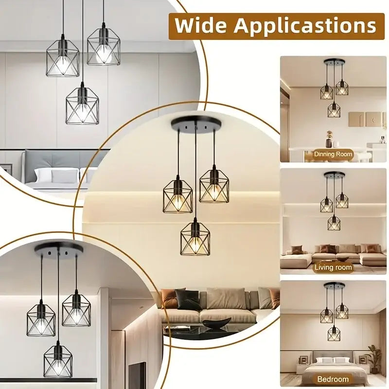 Modern industrial black metal finish pendant chandelier with geometric cage and exposed bulbs for dining room lighting