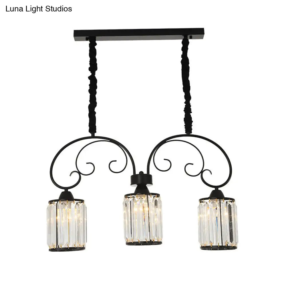 DecorBites™ Modern Island Light - 3 Head Black Pendant with Clear Crystal Blocks and Scrolling Arm