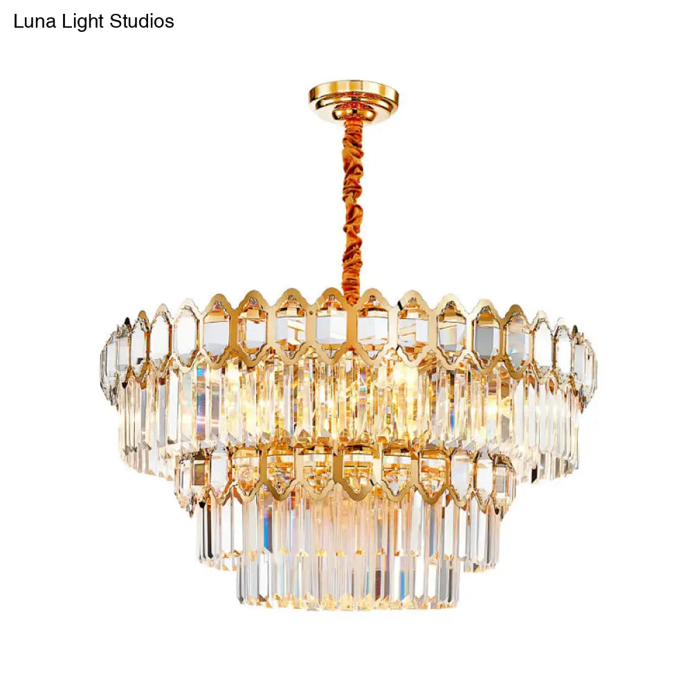 Lámpara de araña moderna de varias capas con prisma de cristal transparente, lámpara colgante dorada de 8 luces