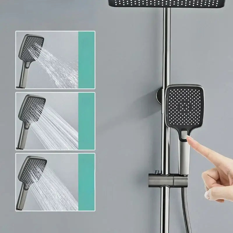 Modern matte black digital led shower faucet set with a black square matte finish showerhead on chrome rail