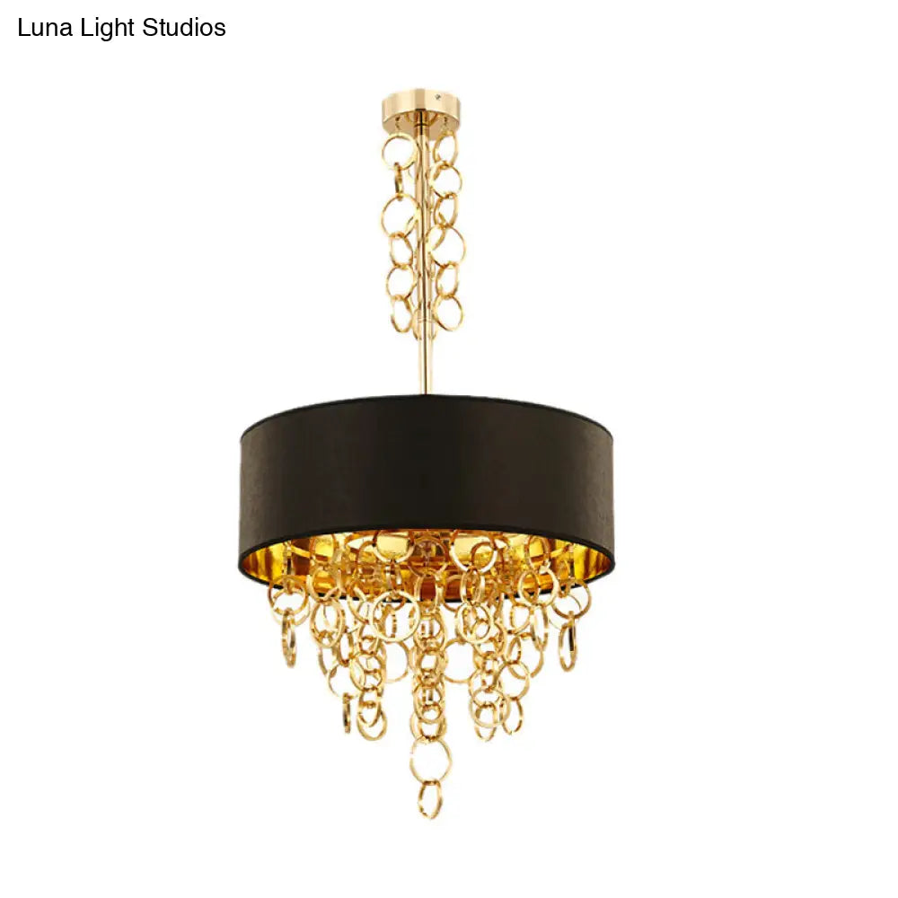 Modern Metal 3-Light Ceiling Chandelier with Multi Rings: Black and Gold Contemporary Pendant featuring Drum Fabric Shade