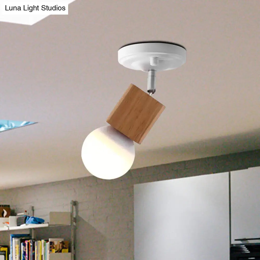 DecorBites™ DecorBites™ Modern Metal Semi Flush Ceiling Light with Wood Top - White Finish, 1 Light