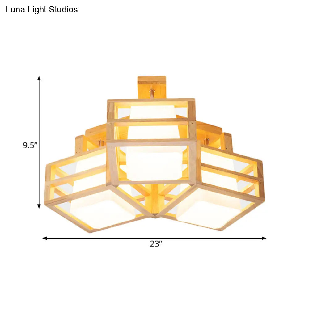 DecorBites™ DecorBites™ Modern Opaline Matte Glass Cube Ceiling Light with 3 Beige Heads & Wood Cage Guard
